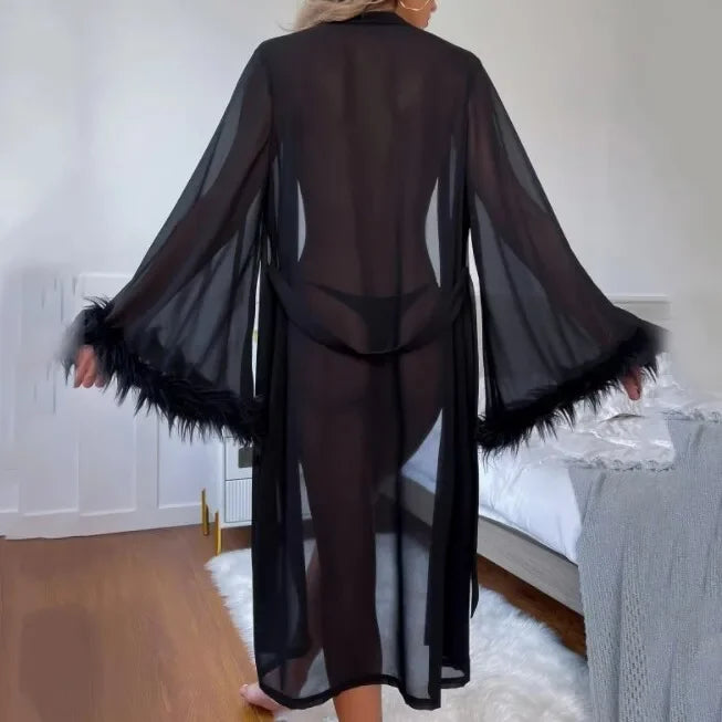 Sexy Large Size Long Sleeve Mesh Robe Realistic Feather Long Nightgown Women's Home Clothes Sleepwear Summer Season Other Materi
