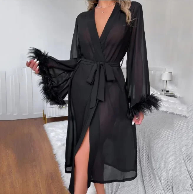 Sexy Large Size Long Sleeve Mesh Robe Realistic Feather Long Nightgown Women's Home Clothes Sleepwear Summer Season Other Materi