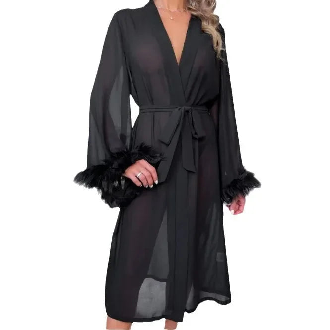 Sexy Large Size Long Sleeve Mesh Robe Realistic Feather Long Nightgown Women's Home Clothes Sleepwear Summer Season Other Materi