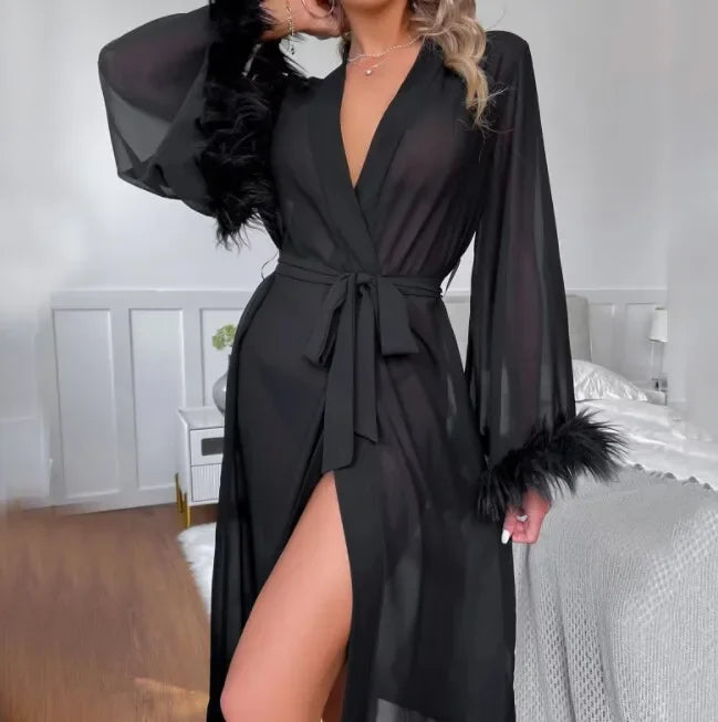 Sexy Large Size Long Sleeve Mesh Robe Realistic Feather Long Nightgown Women's Home Clothes Sleepwear Summer Season Other Materi